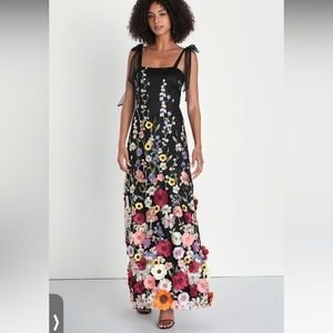 Lulu’s Thriving Poise Black 3D Floral Embroidered Tie-Strap Maxi Dress